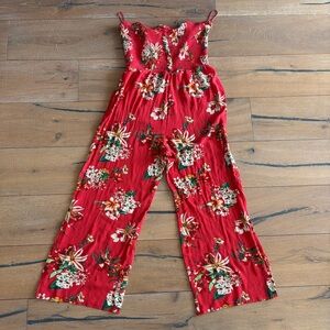 Express Strapless Red Floral Jumpsuit